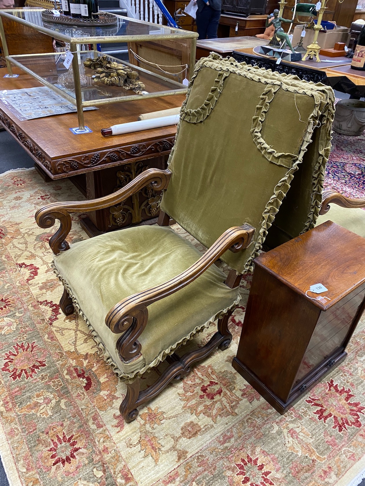 A pair of Louis XVI style upholstered mahogany open armchairs, width 60cm, depth 58cm, height 116cm